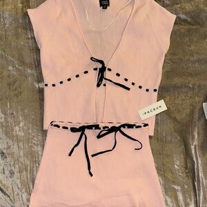Pink Knit Skirt Set with Black Ties
